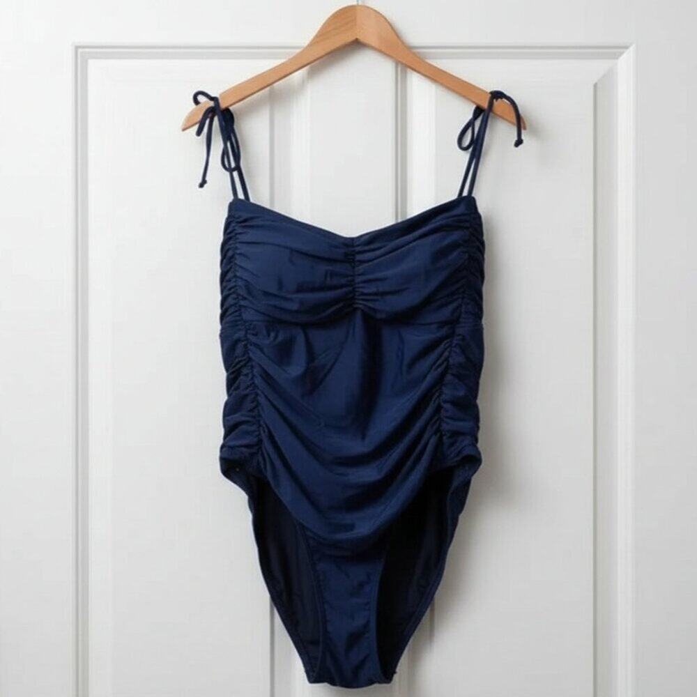 J. Crew Ruched Tie Shoulder One Piece Swimsuit Navy Size 22 NWT - Picture 3 of 12